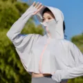 Women ice silk sun protection clothing, light grey hooded cardigan jacket with integrated mask. - Letter F / Gray