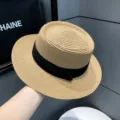 Women summer straw boater hat retro ribbon beach sun protection wide brim fashion sunhat - Adjustable / Khaki - Black Strap