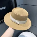Women's summer straw boater hat with chic beige ribbon band, elegant retro beach sun hat. - Adjustable / Khaki - Beige Strap