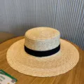 Woven flat top straw hat with black ribbon, elegant summer beach sun protection hat. - M (56-58cm) / Black Large Brim