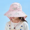 Children's sun protection bucket hat with dinosaur print, wide brim and neck flap for kids. - One Size for 2-10 Years / Dinosaur / Pink