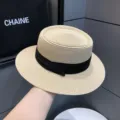 Women summer straw hat britain retro flat top hat beach sun protection sunhat stylish boater - Adjustable / Beige - Black Strap