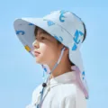 Kids sun protection bucket hat with wide brim neck flap and cute blue dinosaur print for outdoor. - One Size for 2-10 Years / Dinosaur / Blue