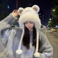 Cute plush bear ear winter hat with cozy earflaps and pom poms for women, warm winter fashion. - White Double Pompom Plush Hat