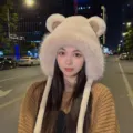 Winter cute bear ear plush hat and scarf all-in-one warm fluffy cap for women outdoor - Beige Double Pompom Plush Hat