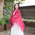 Ethnic style red embroidered scarf for women, floral shawl for spring and autumn travel. - Wine Red