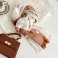 Cozy winter plaid tassel scarf in white and brown, soft warm cashmere feel neck wrap. - Beige