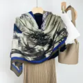 Retro ink bamboo cotton linen scarf detail, autumn winter warm shawl, elegant ethnic style. - Green Fern Pattern