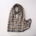 Geometric pattern scarf detail, soft cotton linen feel, stylish winter wrap shawl. - Gray Blue Meander Pattern