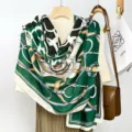 Green cotton linen scarf with elegant belt and chain print design, perfect autumn winter shawl. - Green Leather Belt
