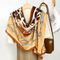 Women's autumn winter vintage belt chain print cotton linen scarf shawl elegant wrap - Brown Leather Belt