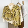 Retro paisley print scarf, lightweight summer cotton linen shawl for women and sun protection. - 180*80cm / Poison Bird Ginger Yellow