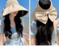 Details of women summer large brim empty top sun visor hat with cute bow beach travel. - Adjustable / Beige