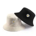 Unisex reversible bucket hat with cute daisy embroidery, black and beige casual sun hat. - M (56-58cm) / Reversible Beige & Black