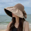 Women summer sun hat empty top large brim UV protection beach hat stylish ponytail sunshade - Adjustable / Khaki