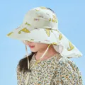 Kids sun protection hat with cute dinosaur print and wide brim for outdoor summer use. - One Size for 2-10 Years / Dinosaur / Beige