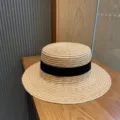 Womens flat top straw hat summer beach sun hat with black ribbon stylish woven boater sunhat - M (56-58cm) / Black Medium Brim