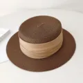 French flat top straw hat with wide brim and PU leather band, perfect for summer sun. - Adjustable / Coffee