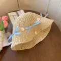 Blue bow straw hat women summer sun protection beach hat foldable vacation headwear - M (54-58cm) / Beige (Blue Bow Style)