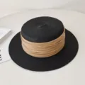 French flat-top straw hat women summer sun protection beach boater hat stylish chic design - Adjustable / Black