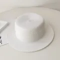 White flat top straw hat for women, elegant summer sun protection beach hat with ribbon. - Adjustable / White