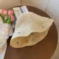 Woven straw bucket hat for women summer beach sun protection with colorful embroidery details. - M (54-58cm) / Beige