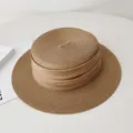 French Flat Top Straw Hat Summer Sun Protection Beach Hat with Satin Ribbon Khaki - Adjustable / Camel