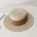 French flat top straw hat summer sun protection wide brim casual sunhat for women - Adjustable / Beige