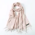 Solid pink imitation cashmere scarf with tassels, soft and warm winter fashion accessory. - Beige