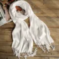 Solid white cashmere feel winter scarf with elegant fringe details for women and men. - White