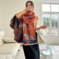 Women imitation cashmere scarf winter warm thick shawl artistic retro jacquard design - Orange
