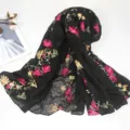 Black floral embroidered scarf, cotton linen women shawl for spring, elegant design. - Black