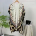 Women beach cover up kimono sheer shawl floral printed tassels lightweight summer vacation wear - Matte Black (01)