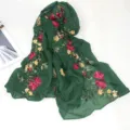 Spring autumn ethnic cotton linen embroidered women scarf shawl, elegant floral design. - Dark Green