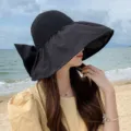Women summer black sun hat empty top wide brim beach anti-uv bowknot ponytail sunhat fashion - Adjustable / Black