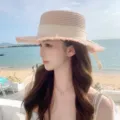 Japanese style frayed straw hat with ribbon bow, flat top sunhat for women beach resort. - One Size / Pink White