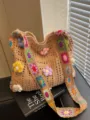 Handmade crochet sunflower shoulder bag with colorful floral pattern strap - Khaki
