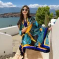 Tropical Leaf Print Scarf Sun Protection Beach Shawl Blue Orange Summer Fashion Accessory - Blue Leaf