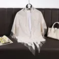 Beige lace hollow out tassel shawl triangle scarf elegant women lightweight wrap cape cover up - Off White