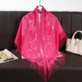 Hot pink lace fringed triangular shawl, hollow out breathable elegant women fashion scarf. - Rose Red