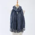 Blue grey crinkled scarf with fringe details for women winter warm fashion daily wear apparel - 7#