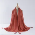 Rust red long scarf with tassels and silver trim, elegant fashion hijab and versatile shawl. - 10#