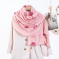 Pink embroidered scarf detail showing floral pattern, hot drill rhinestones and delicate tassel fringe. - Style 9 (Pink)