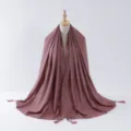 Elegant dusty pink long hijab scarf with silver trim tassels and beads for women fashion style - 7#