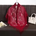 Red lace triangular scarf shawl for women with fringe elegant hollow breathable fashion drape - Red
