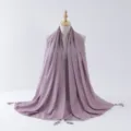 Lavender tassel long scarf with silver wire rolled edges, fashionable hijab and versatile shawl. - 5#