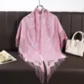 Pink lace fringe triangle scarf elegant hollow out breathable shawl women fashion wrap - Pink