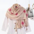 Cotton linen embroidered tassel scarf shawl with floral design for travel and daily wear - Style 11 (Beige Khaki)