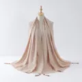 Details of beige tassel hijab scarf with silver wire trim and hanging beads for women fashion. - 4#