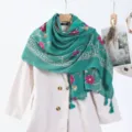 Green embroidered tassel scarf, cotton linen material, elegant floral shawl for travel and daily wear. - Style 12 (Green)